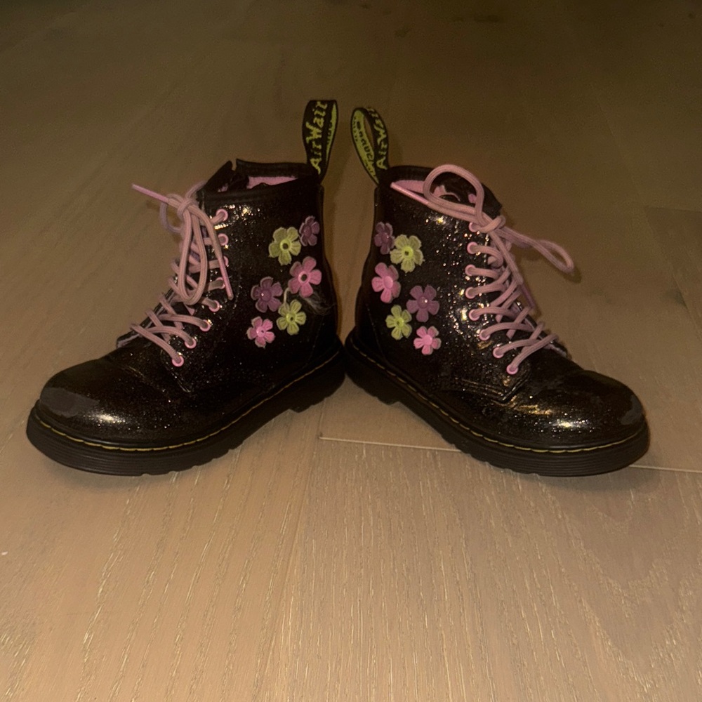 Doc Martens Size 10 - Floral Black Boots with Pink Laces